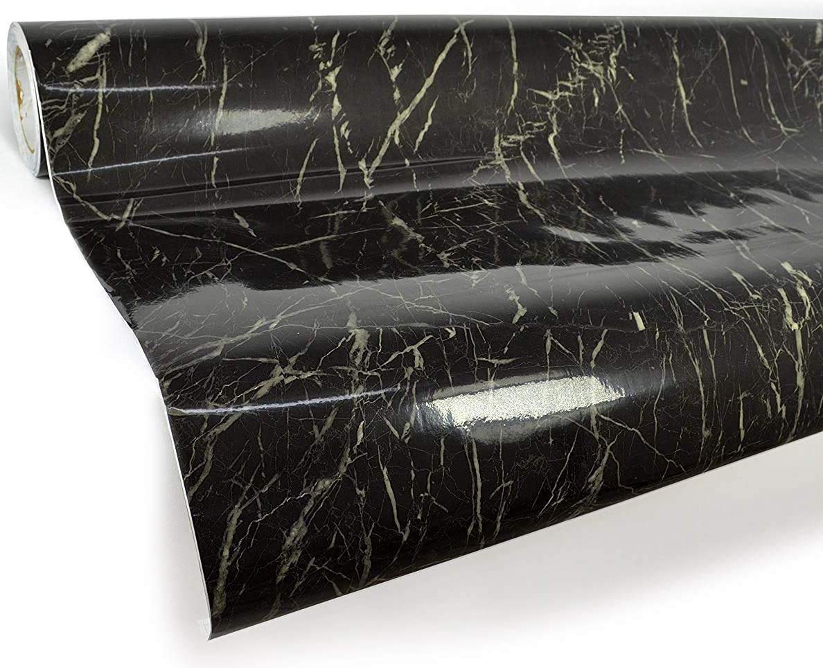 Veined Black Marble Gloss Vinyl Architectural Wrap Tile Roll (5ft x 48 Inch Large Roll)