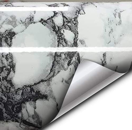 White Black Veined Marble Gloss Vinyl Architectural Wrap for Home Office Furniture Wallpaper Tile Sheet 24 Inch x 6.5ft Roll (24 Inch x 6.5ft 1 roll)