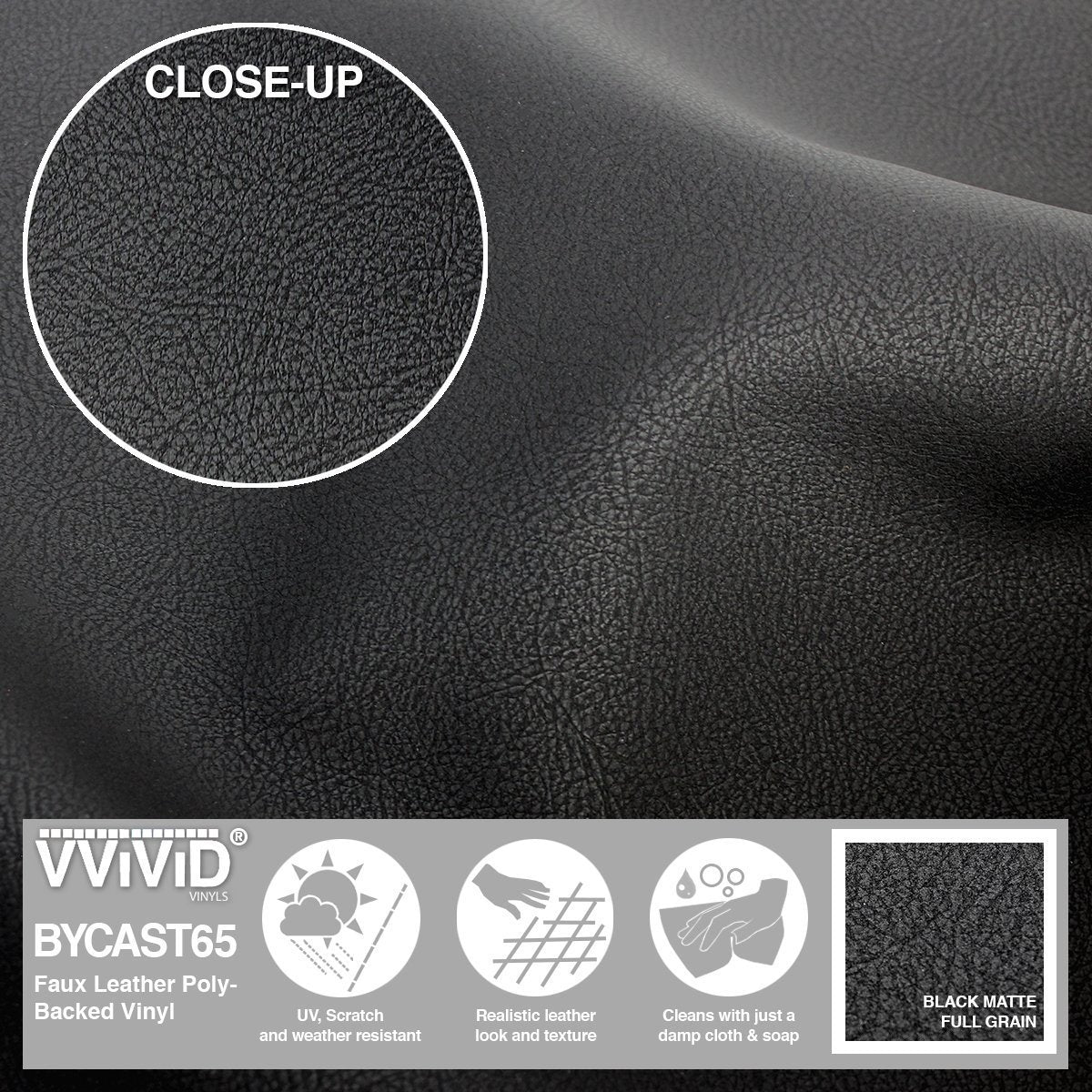 Bycast65 Black Matte Buffed Full-Grain Pattern Faux Leather Marine Vinyl Fabric display